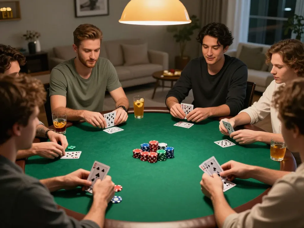 Friends playing poker at home, showcasing vibrant gameplay with 5679 chips and cards in action.