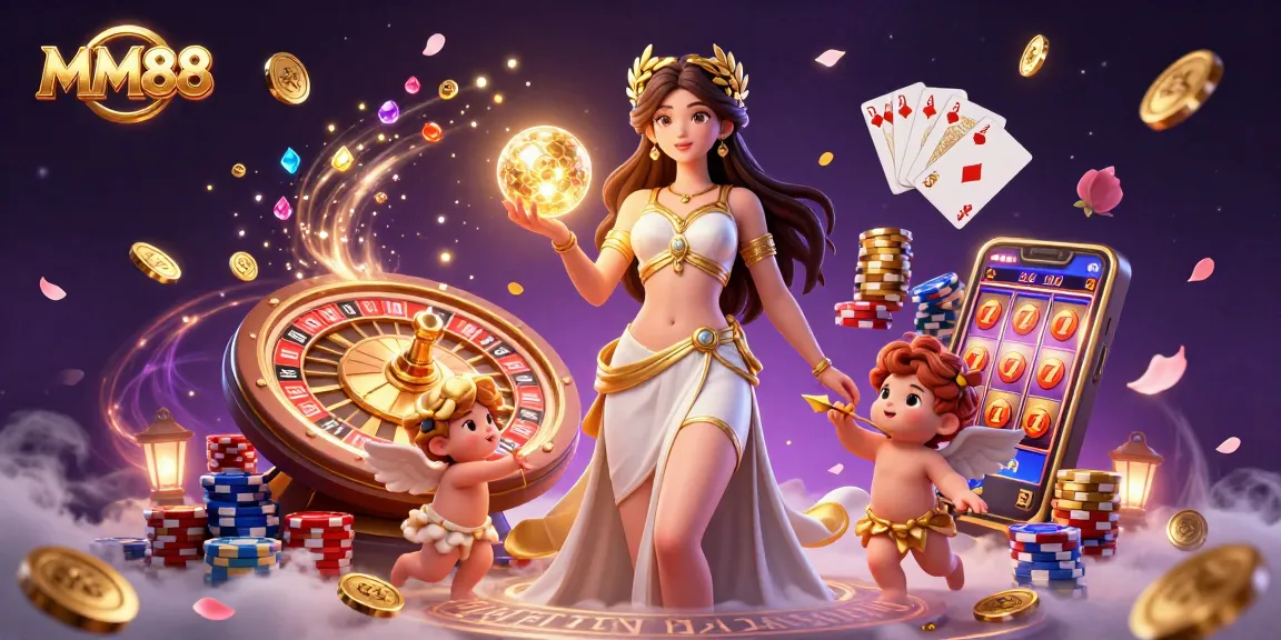 Engage with MM88's online casino magic, featuring a Grecian goddess and charming Cupids, amidst rich gaming elements.