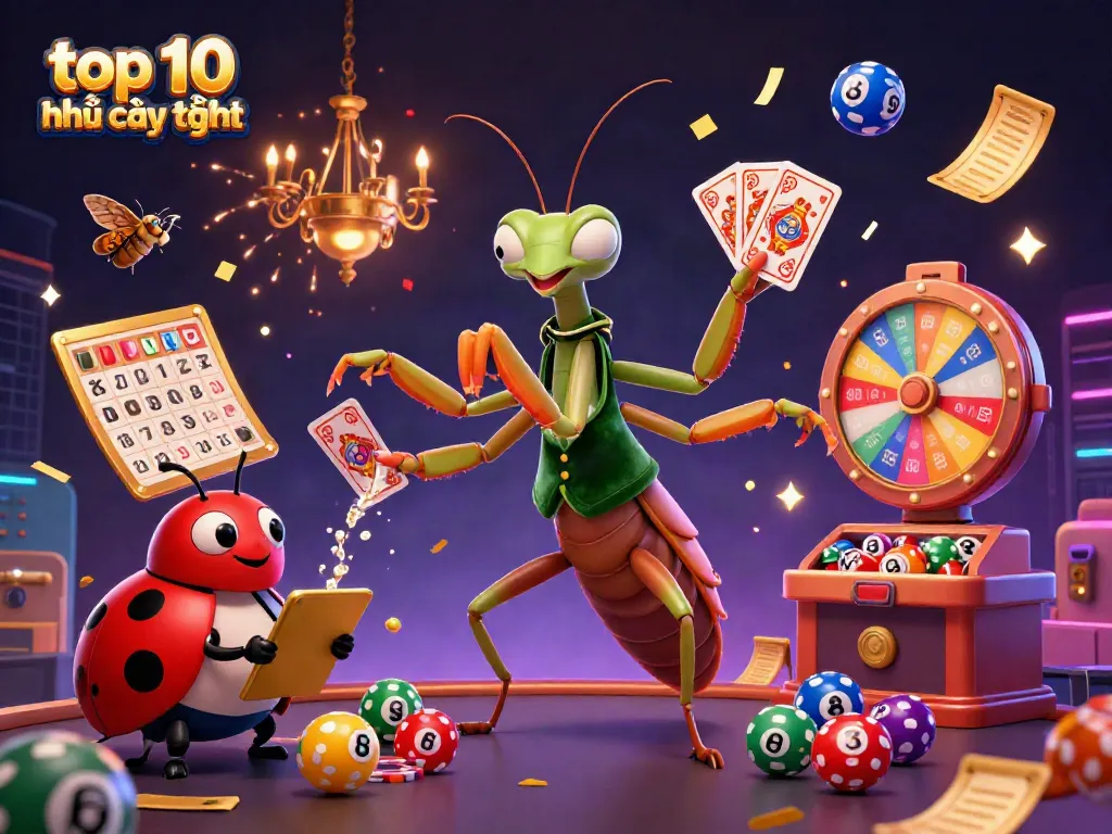 Experience top 10 nhà cái uy tín with vibrant gambling action and lively characters in a 3D illustration.
