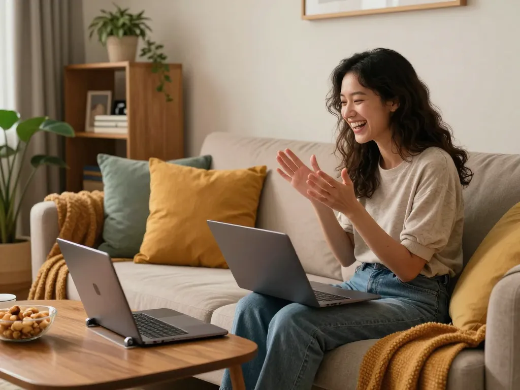 Engaging moment with girlfriend AI in a cozy living room, showcasing emotional connection and technology.