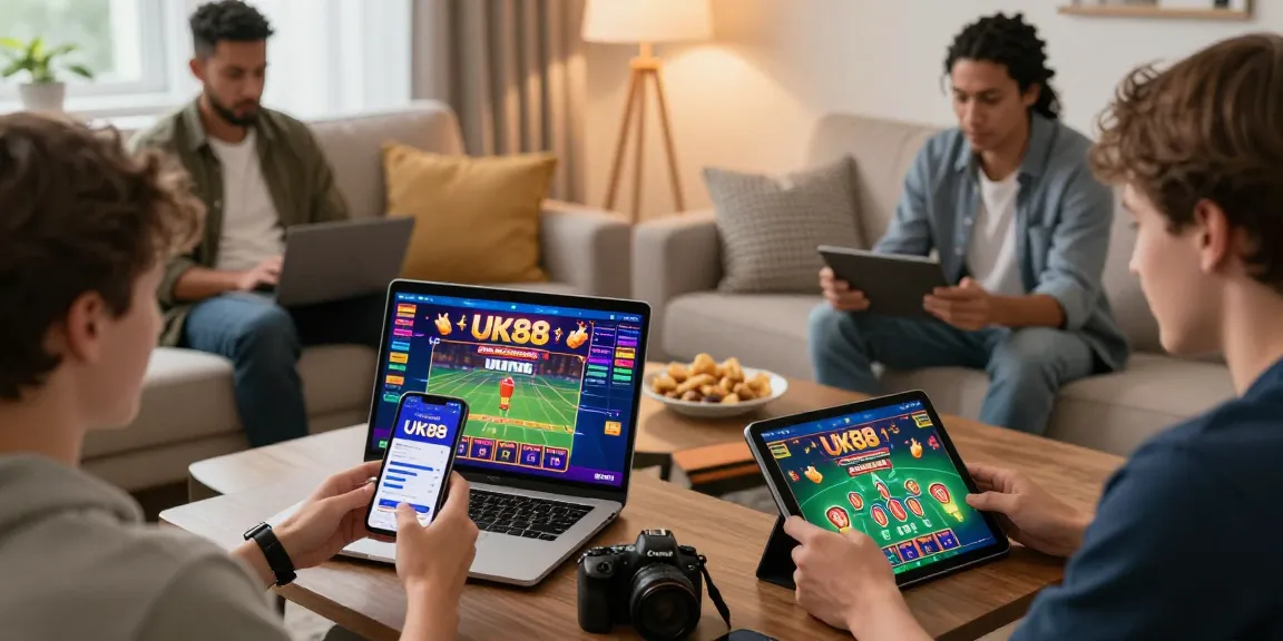 Players engaging with the UK88 online gaming platform on various devices in an inviting living room setting.