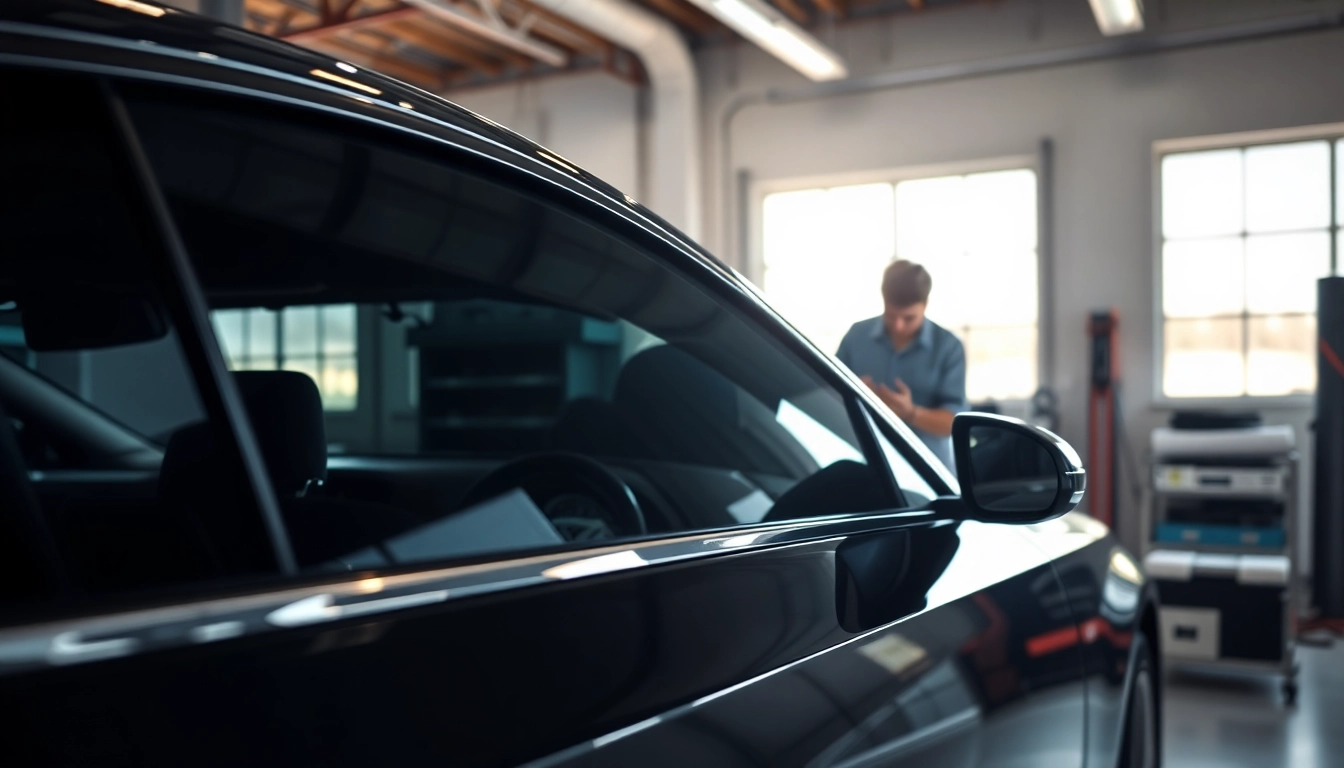 Apply auto window tint near me with expert technicians in an indoor car setting.