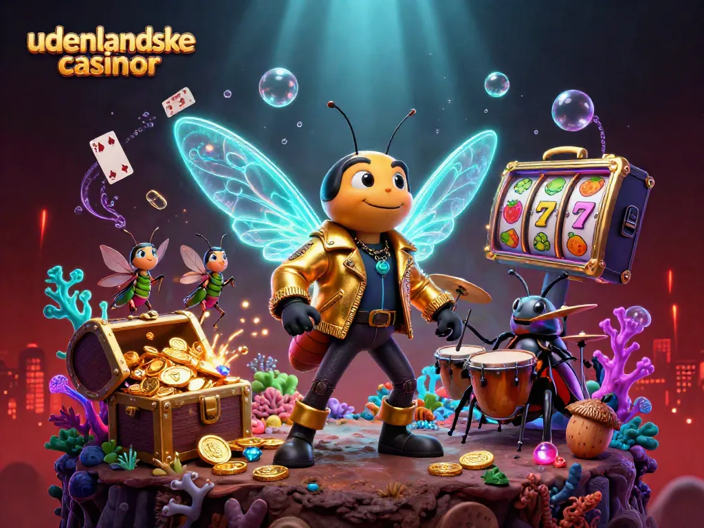 Engaging scene with udenlandske casinoer featuring a cicada rock star amidst slot game elements and treasure.