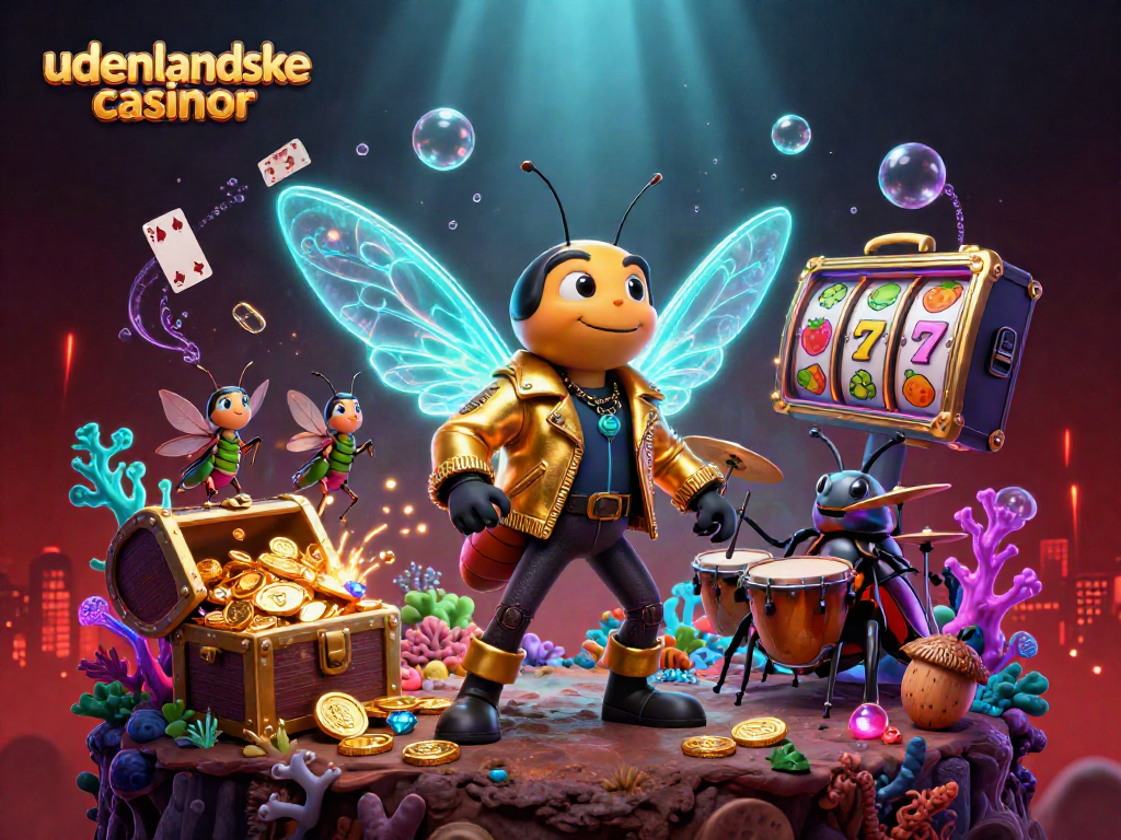 Engaging scene with udenlandske casinoer featuring a cicada rock star amidst slot game elements and treasure.