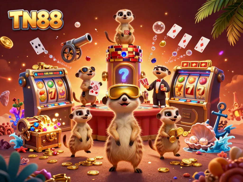Experience the exciting casino ambiance with TN88’s meerkat-themed gaming scene bursting with vibrant games and treasures.