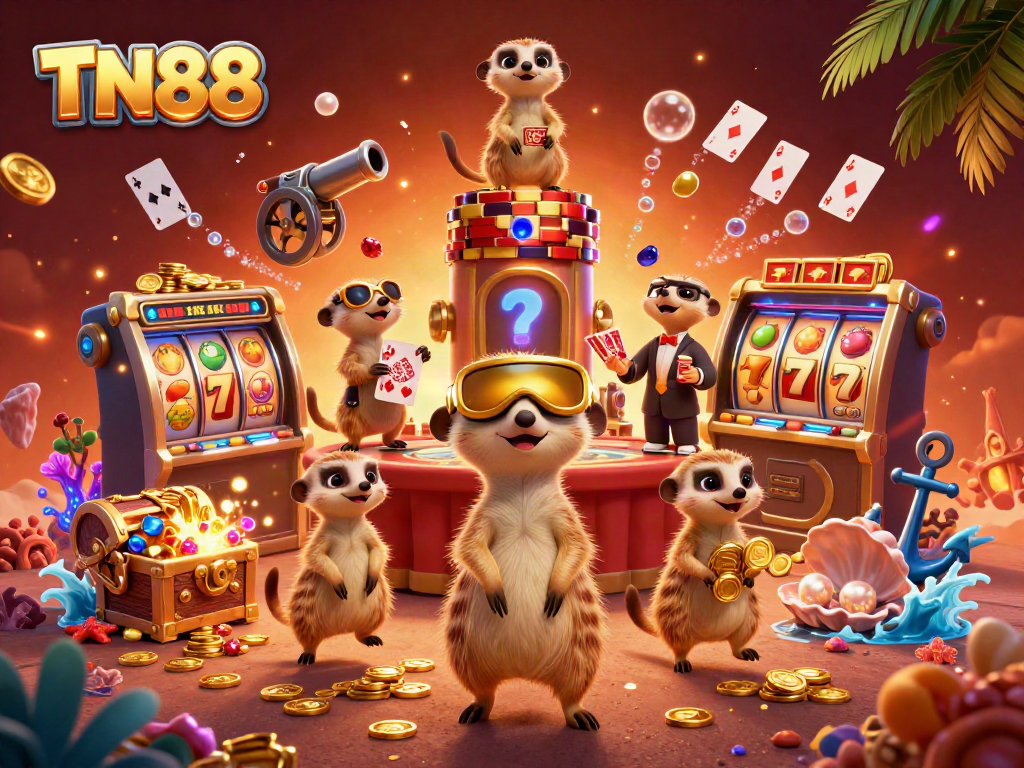 Experience the exciting casino ambiance with TN88’s meerkat-themed gaming scene bursting with vibrant games and treasures.
