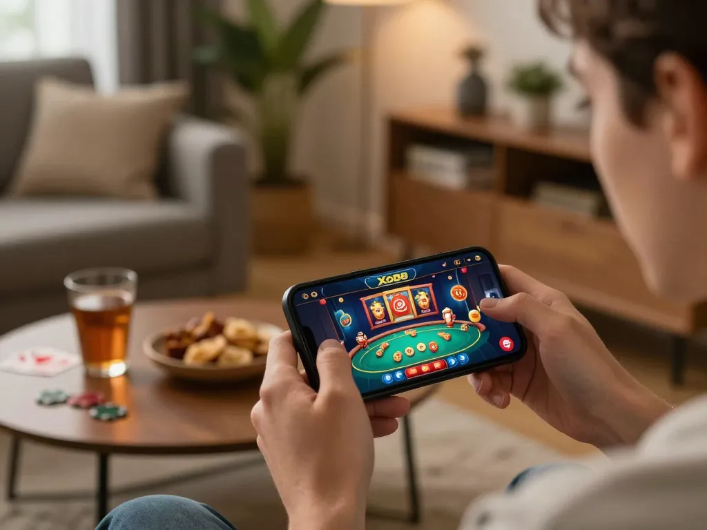 Player enjoying online gaming on Xo88 app, showcasing exciting casino action in a cozy home
