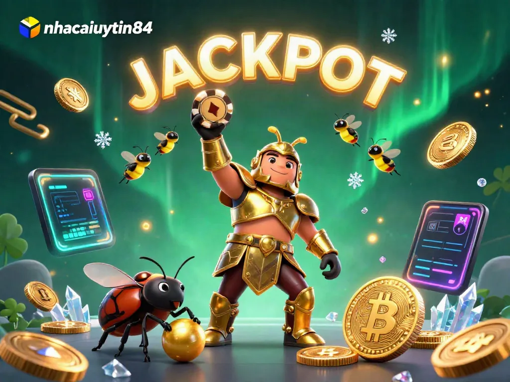 nhacaiuytin84 captures victory in a dynamic gambling scene with a herculean beetle and glowing crypto coins