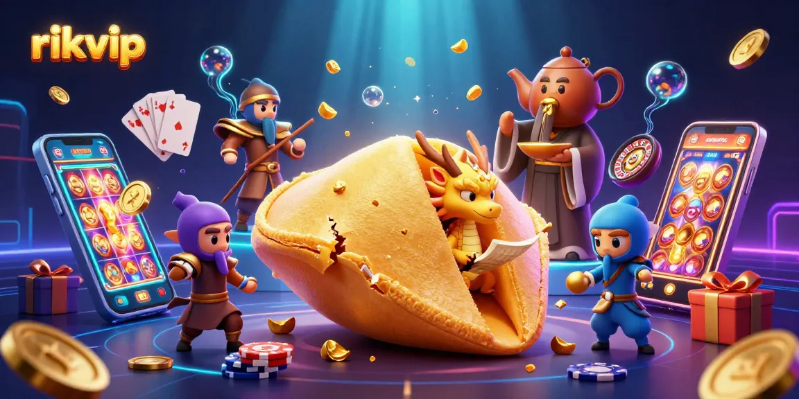 rikvip showcases vibrant 3D elements celebrating dynamic casino gaming experiences with golden fortune cookie characters
