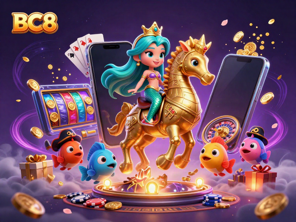 BC8's enchanting gaming scene with a mermaid princess, seahorse, and vibrant slot game elements.