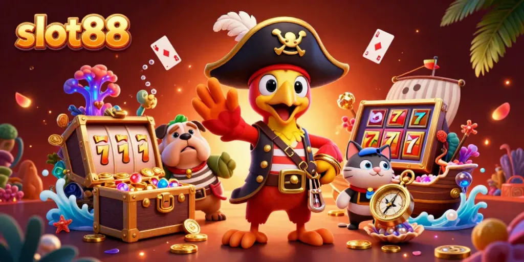 Experience the excitement of slot88 with a pirate captain parrot and treasure-filled scene.