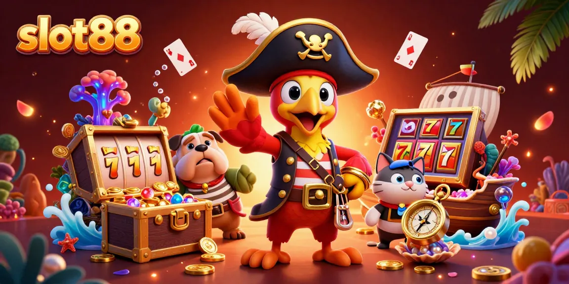 Experience the excitement of slot88 with a pirate captain parrot and treasure-filled scene.