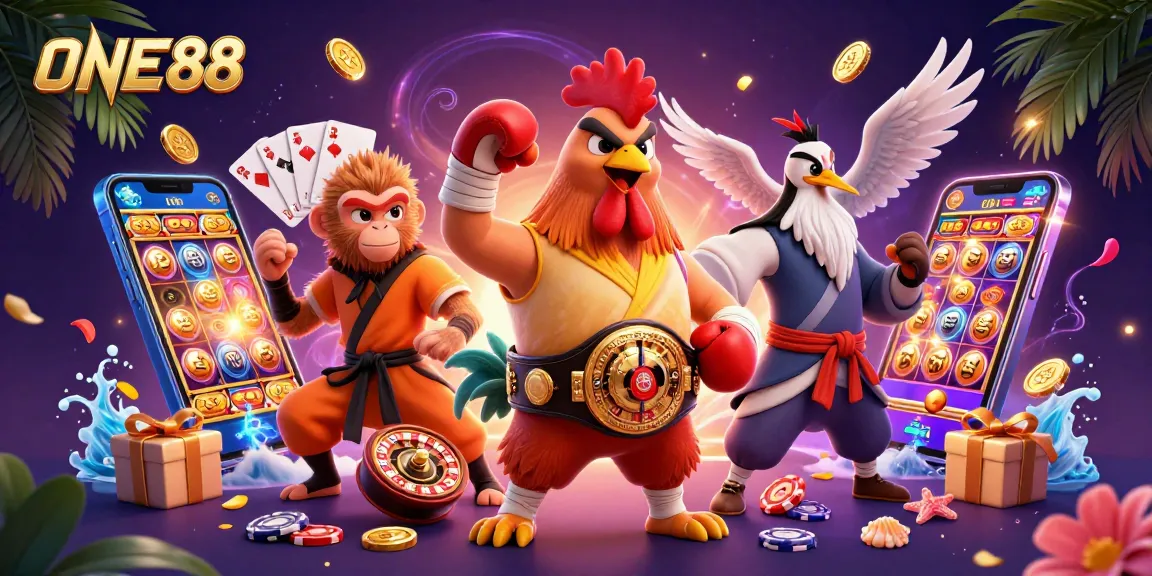 Engage with ONE88's thrilling gaming universe featuring vibrant characters and dynamic casino elements.