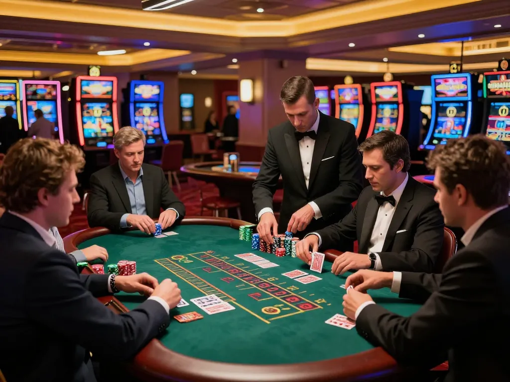 Engaged players at a blackjack table in a vibrant casino, with focused expressions and strategic gameplay at gk88.