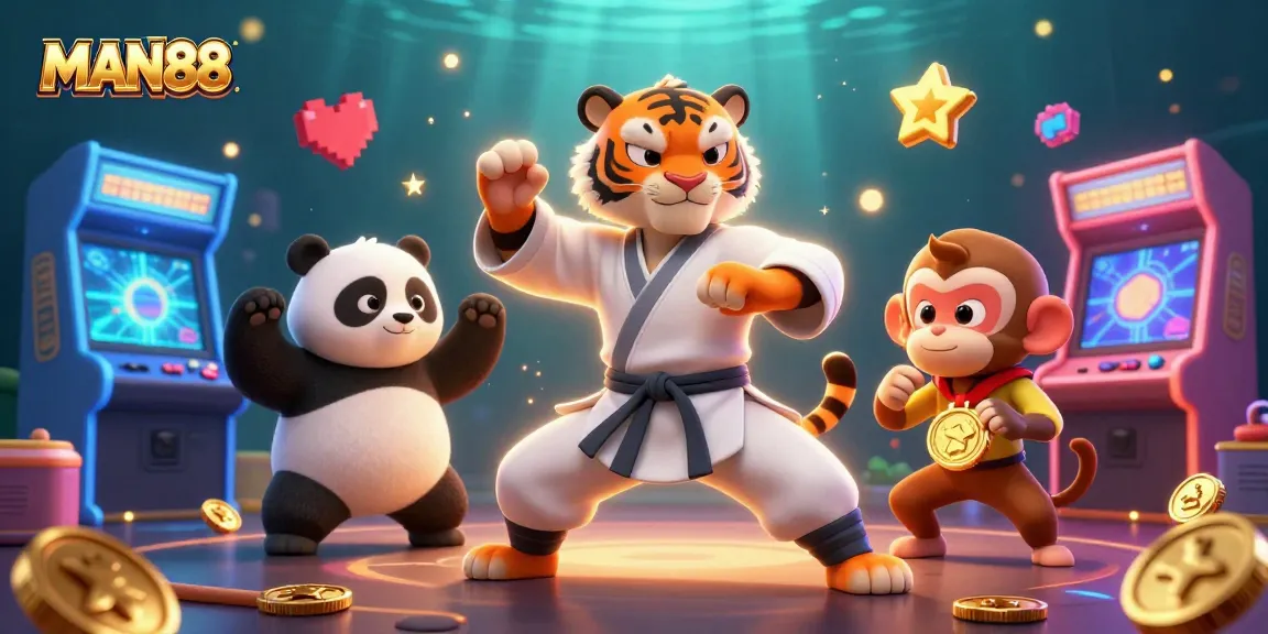 Engage in exciting gameplay at MAN88 with a vivid illustration of a kung fu tiger and friends