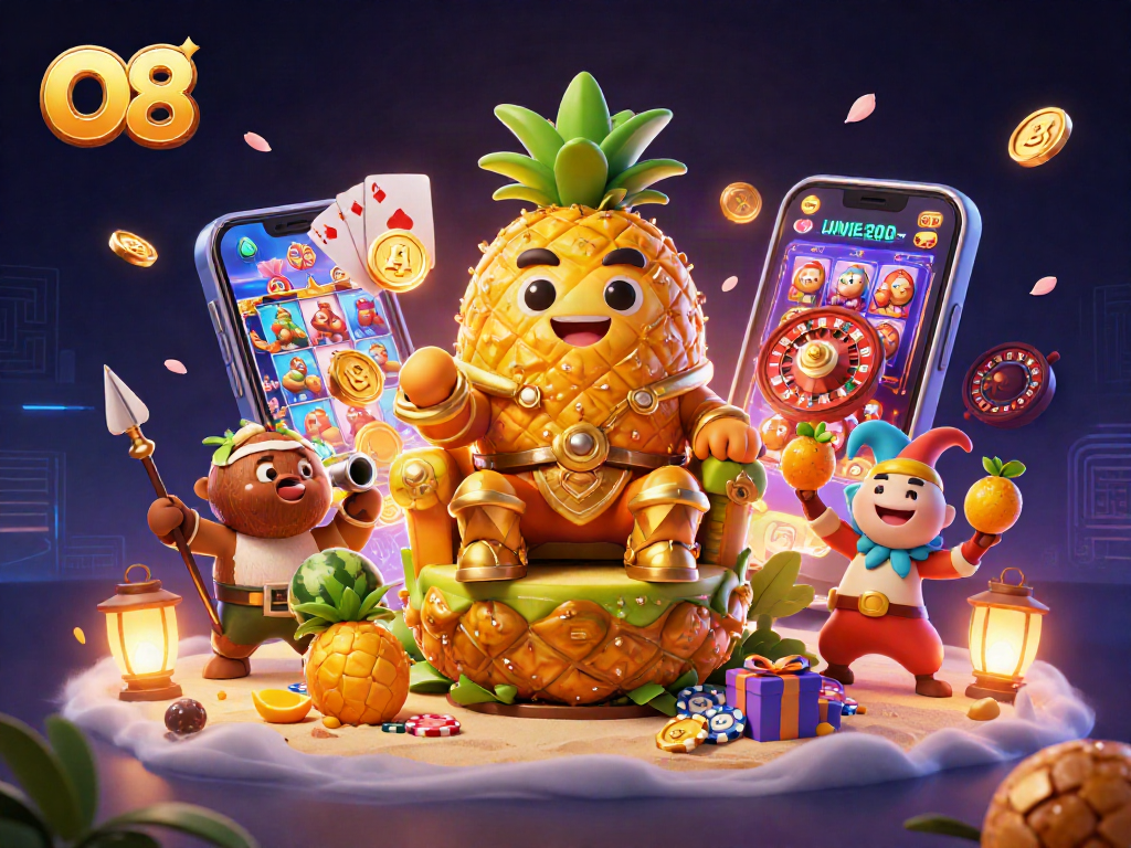 Experience the vibrant world of O8 with a dynamic beach casino scene featuring a golden pineapple king.
