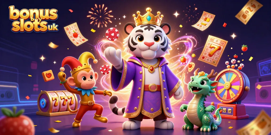 Engage with bonus buy slots uk through vibrant 3D illustration featuring a royal tiger, jester monkey, and dragon.