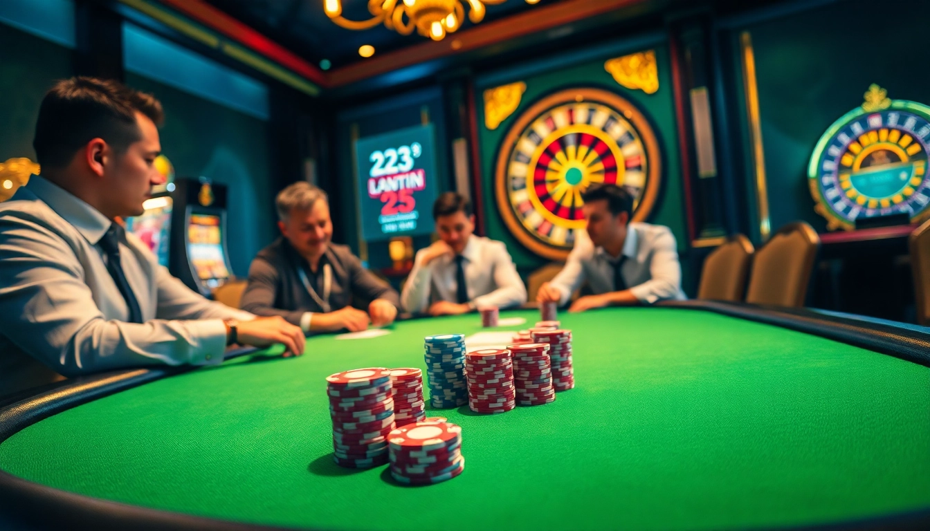 Players engaging in a thrilling poker game at 23win casino table with chips and cards.