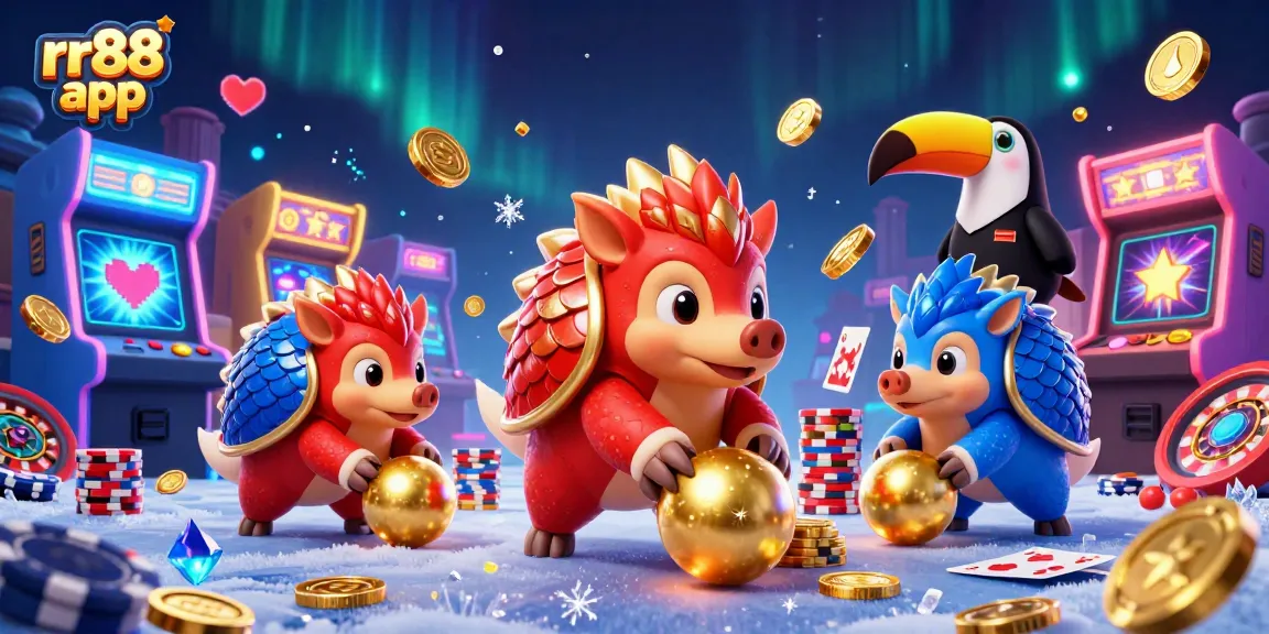Engage with the rr88 app in a vibrant casino scene featuring playful pangolins and interactive game elements.