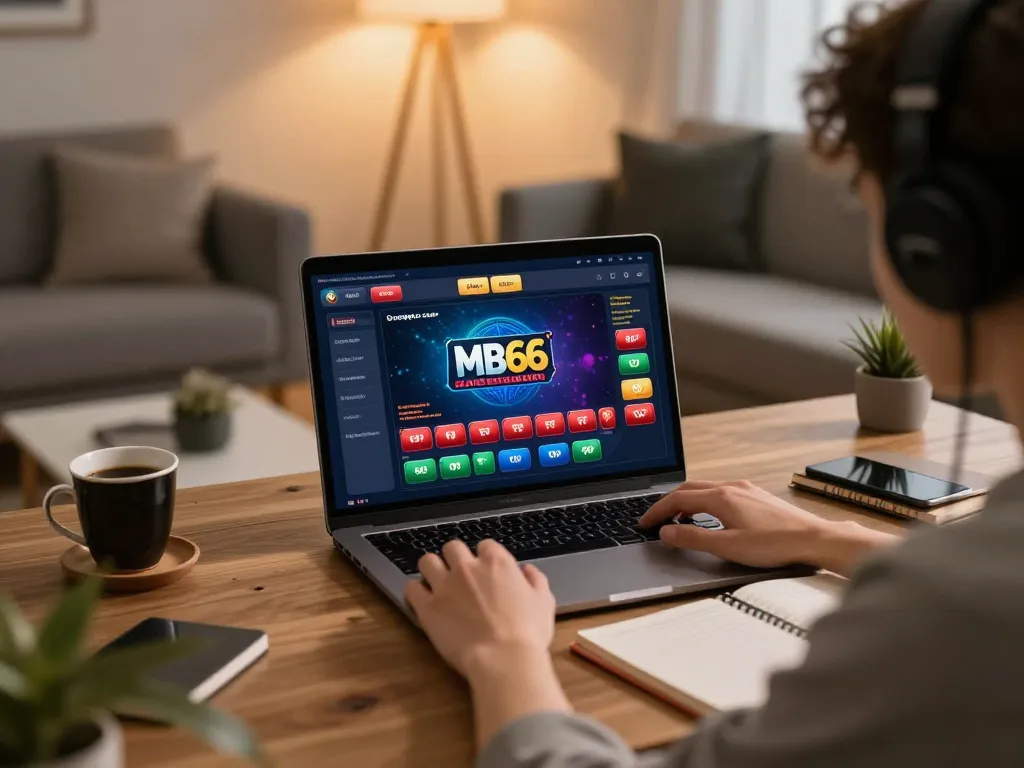 Active online gaming on mb66 com platform, showcasing a user engaging with casino options in a cozy setting.