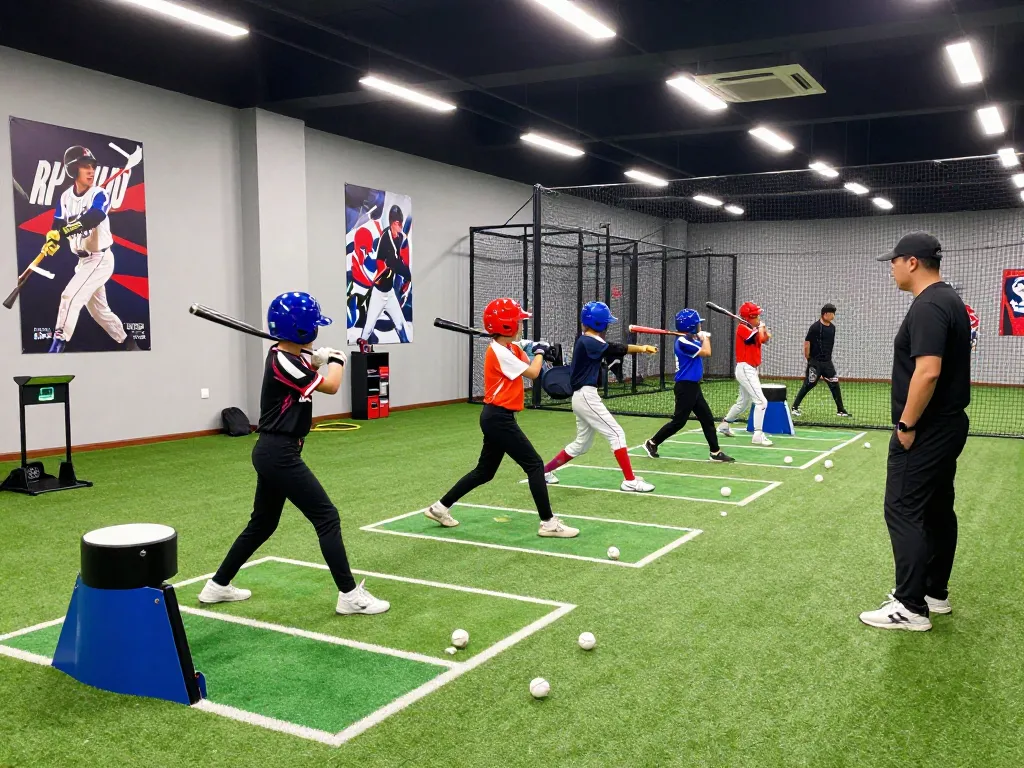 Young athletes training at hitclub batting cages, showcasing skill and teamwork in a vibrant sports environment.