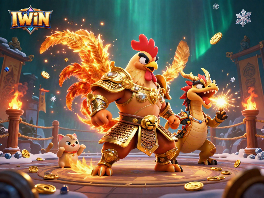 IWIN showcases a dynamic casino battle scene featuring a rooster warrior and dragon hatchling amidst gold coins and vibrant particles.