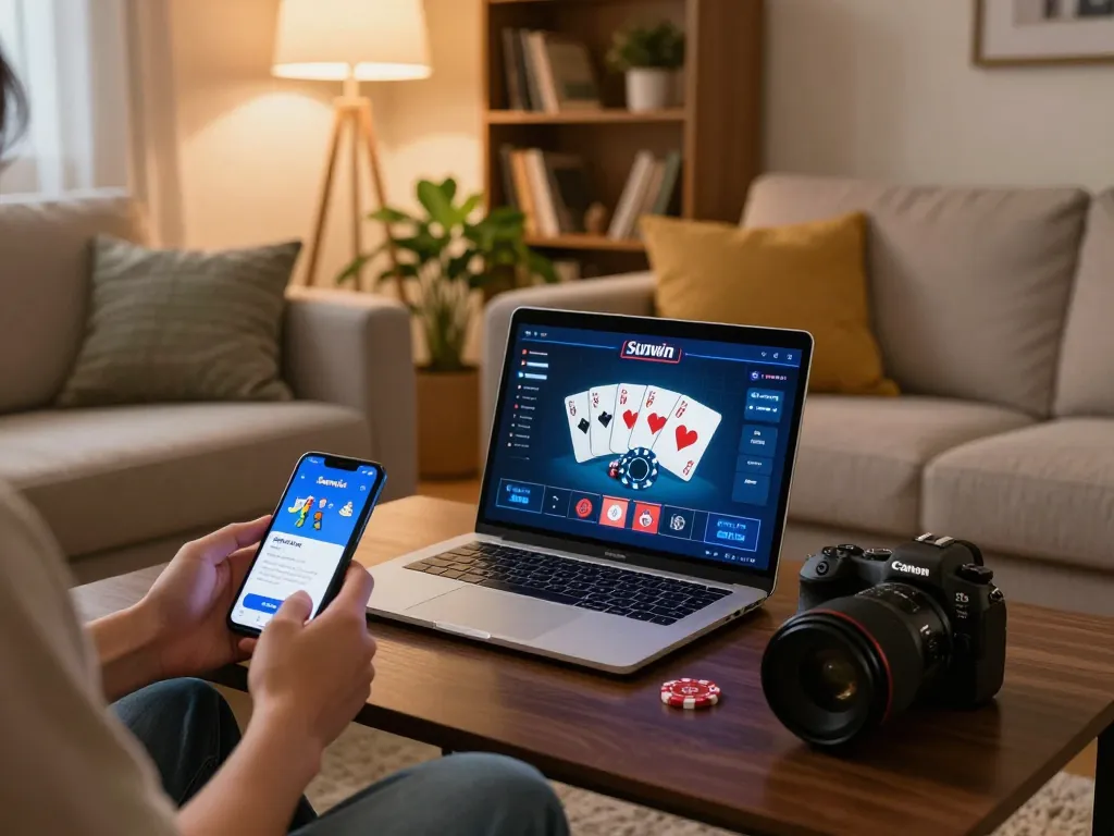 Engaging in online gameplay on Sunwin app in a cozy home environment