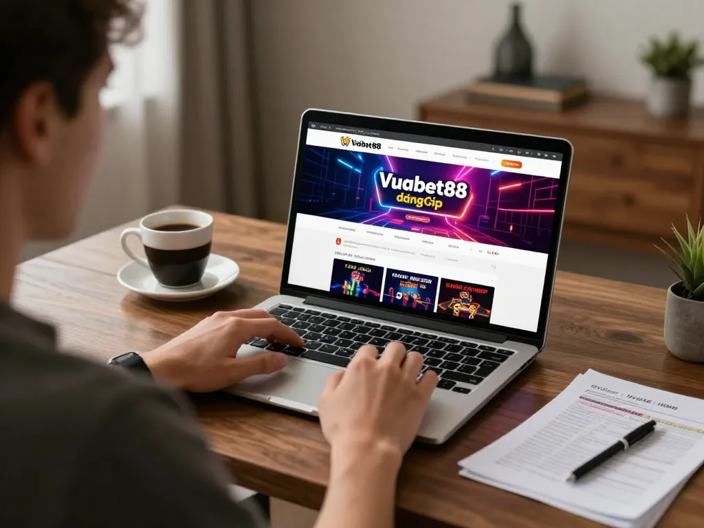 Player using Vuabet88 đăng nhập on a laptop in a cozy home office, highlighting online gambling engagement