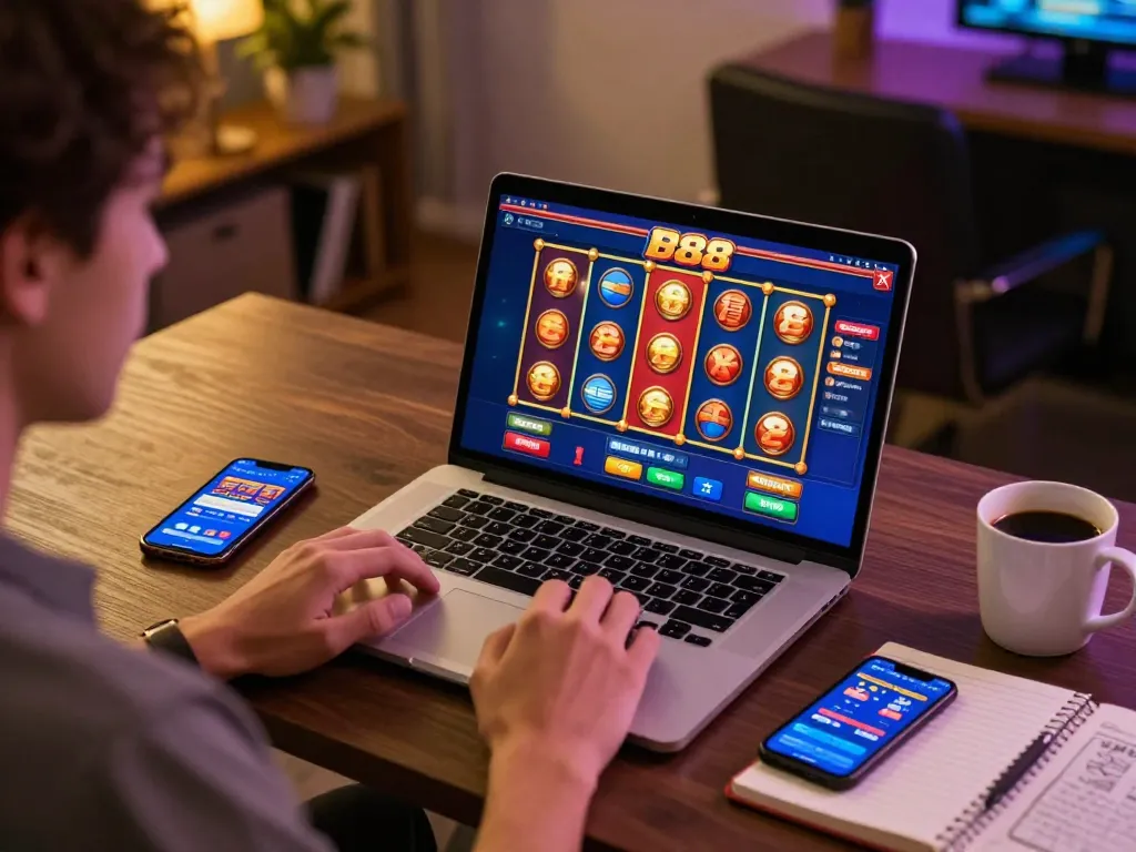 Engaging gameplay on slot88 casino app with vibrant interface displayed on laptop during online session.