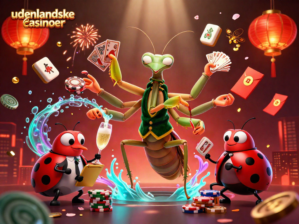 Immerse in udenlandske casinoer excitement with a vibrant 3D scene featuring characters and casino elements.