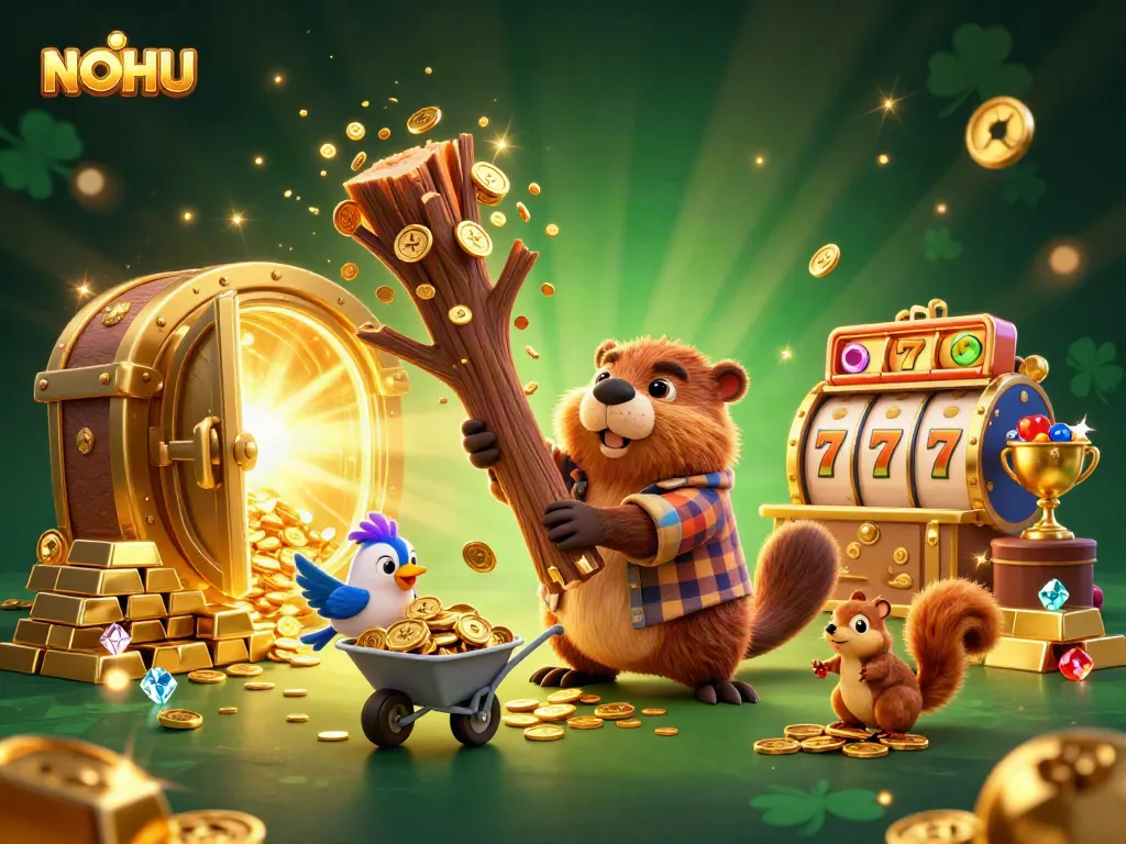 Experience thrilling jackpots at NOHU with fortune-filled scenes and playful characters collecting coins.