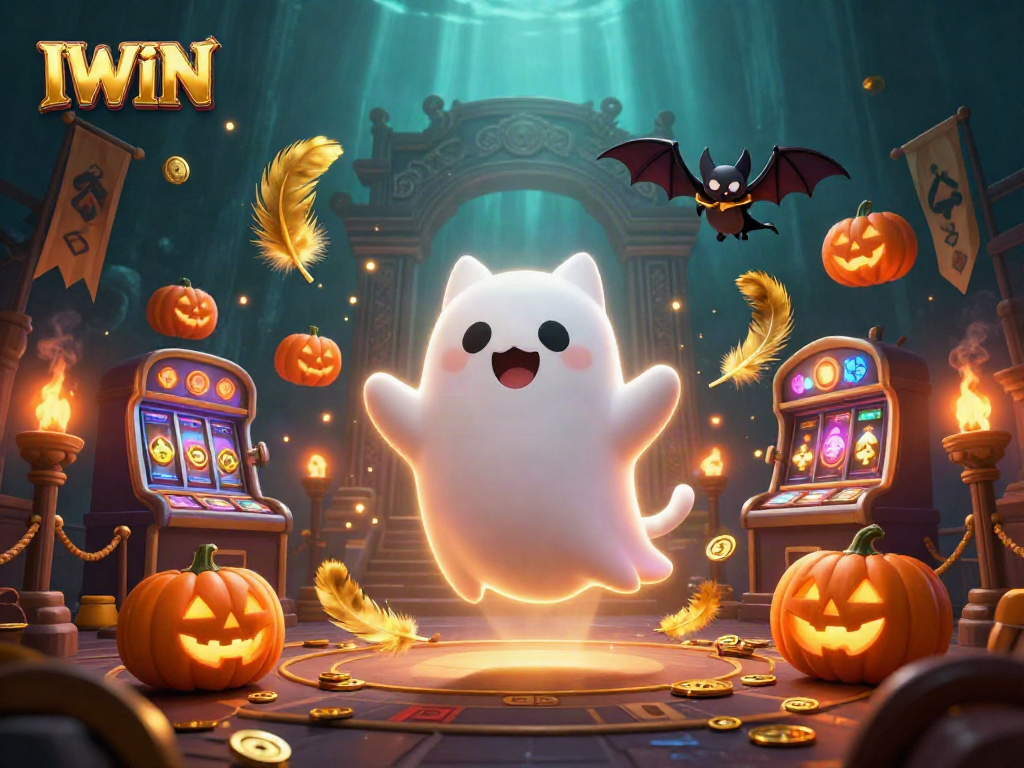 IWIN brings luck with a friendly ghost cat and bat in a haunted casino filled with slot machines.