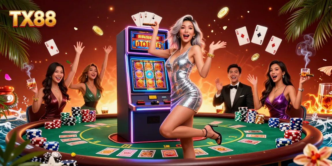Experience the excitement of TX88 with a vibrant 3D illustration of a celebratory moment at a slot machine.