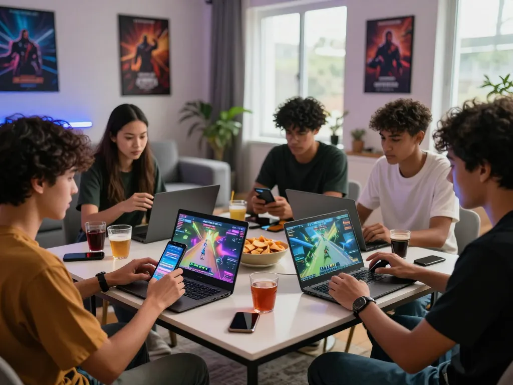 Group playing games while demonstrating how to tải sunwin on mobile devices in a cozy setting.