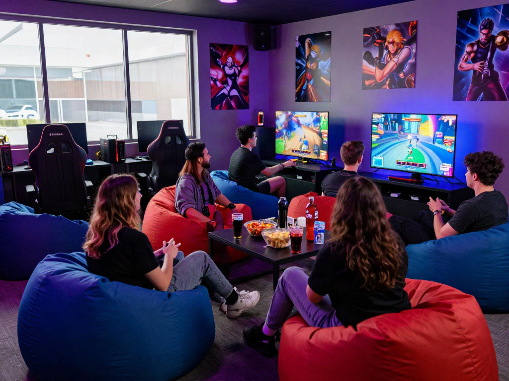 Friends enjoying a multiplayer porn game in a vibrant gaming lounge.