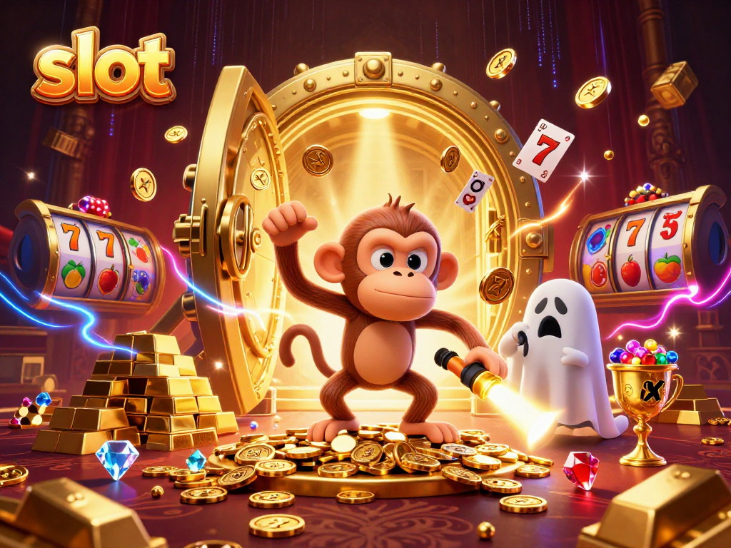 Experience thrilling slots as a poltergeist monkey juggles gold in a haunted casino atmosphere.