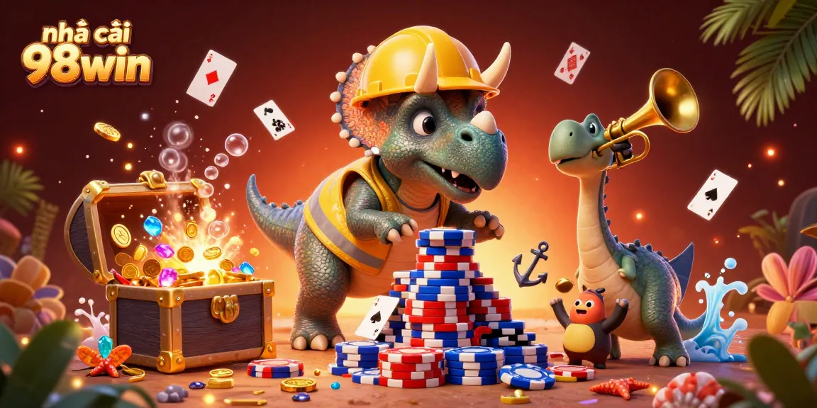 Experience the excitement at nhà cái 98win with 3D dinosaur characters celebrating casino wins.