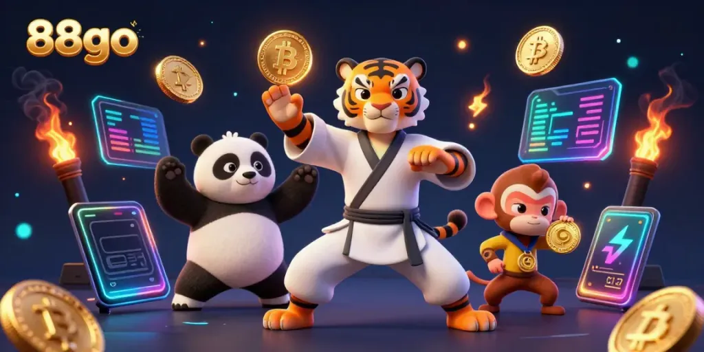 Experience vibrant 88go gameplay with our kung fu tiger, panda, and monkey in a casino setting.