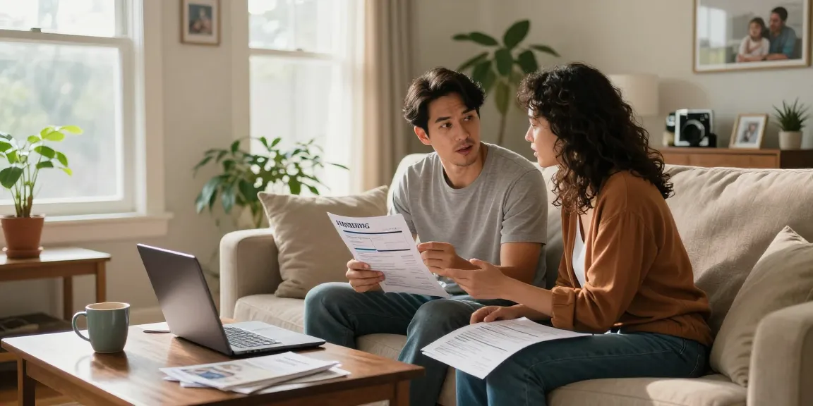Couple discussing options for best timeshare exit companies in a cozy living room.