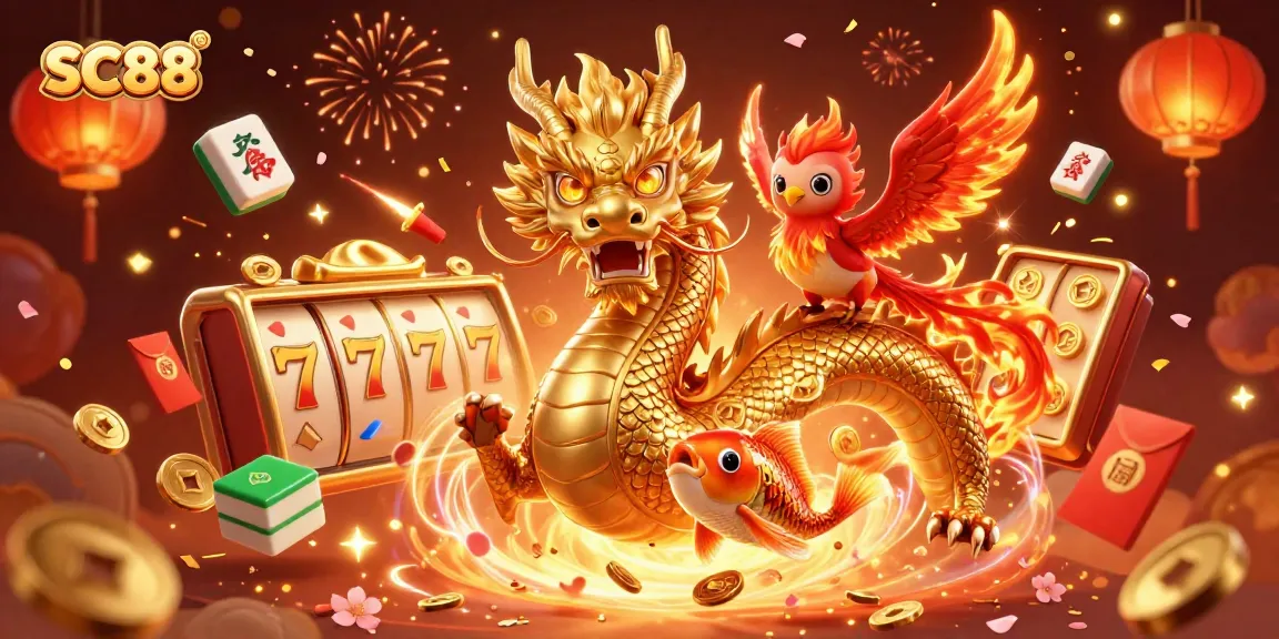 Experience thrilling gameplay at SC88 with a golden dragon, phoenix, and koi fish amidst vibrant casino elements.