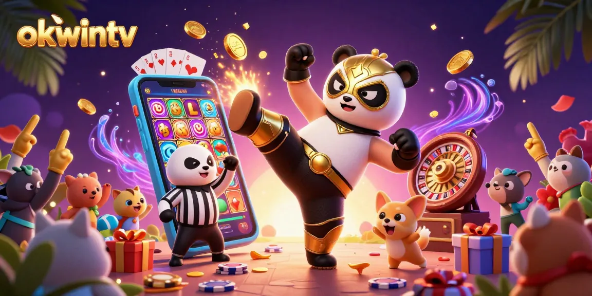 Experience thrills with okwintv, showcasing a dynamic scene of a panda wrestler and exciting casino action.