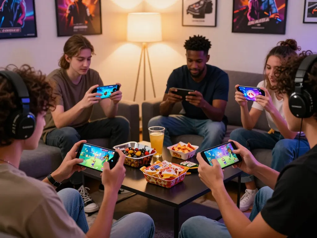 Enthusiastic friends enjoying a gaming session while tải game rikvip on their mobile devices in a cozy living room.