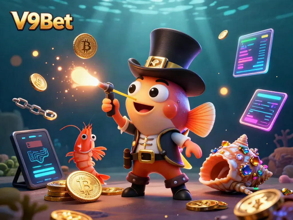 Capture thrilling gameplay with V9Bet's exciting deep-sea casino theme featuring glowing coins and vibrant characters.