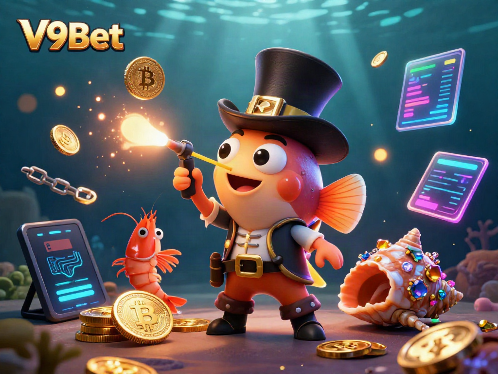 Capture thrilling gameplay with V9Bet's exciting deep-sea casino theme featuring glowing coins and vibrant characters.