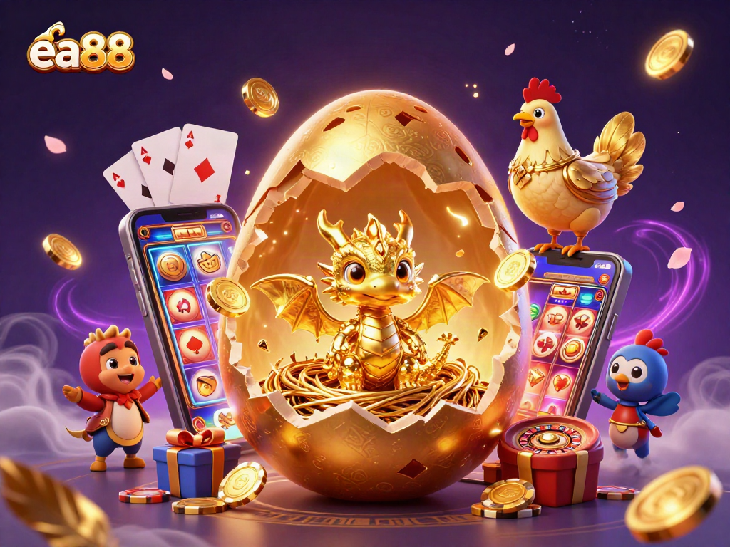 ea88 showcases a golden dragon and hen amidst a vibrant casino scene filled with poker elements.