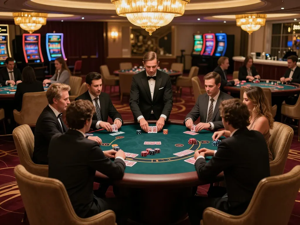 Players enjoying a high-stakes poker game in a luxurious F8BET casino VIP area.