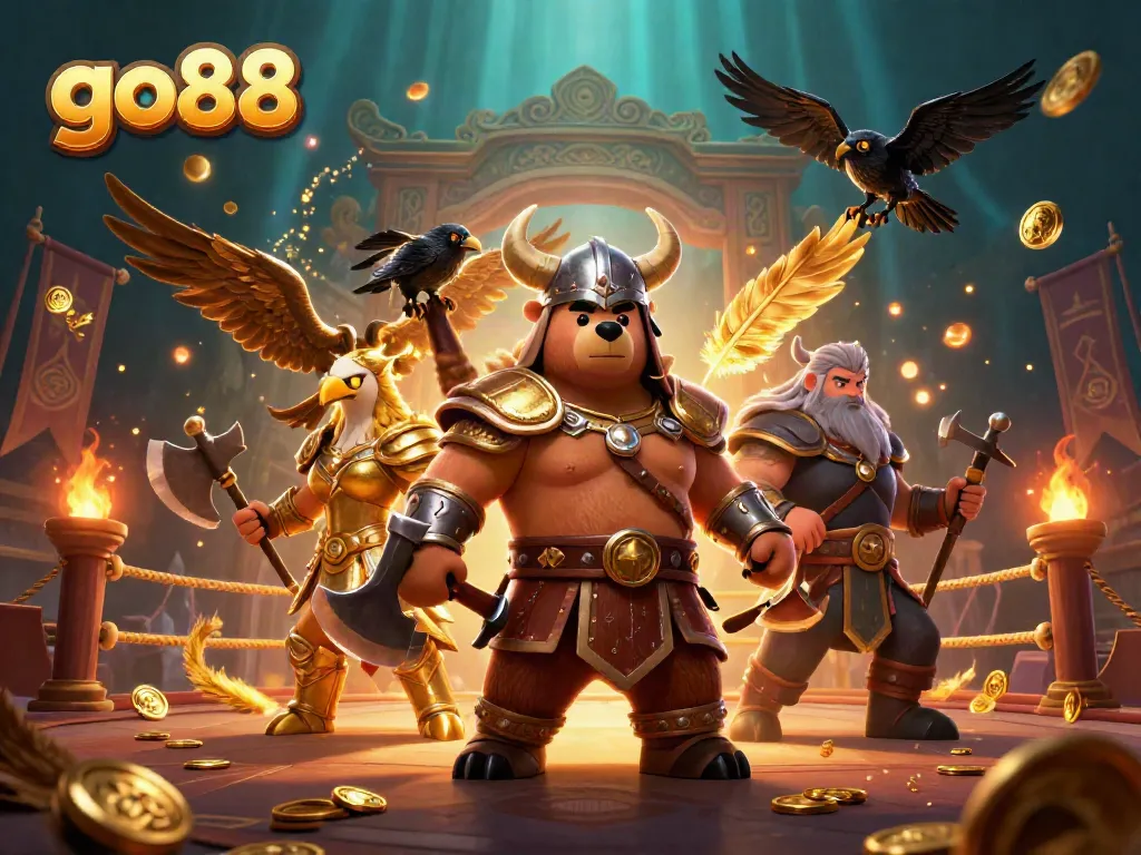 Experience the thrill of go88 with a dramatic 3D Viking bear and Valkyrie eagle illustration in a vibrant casino setting.
