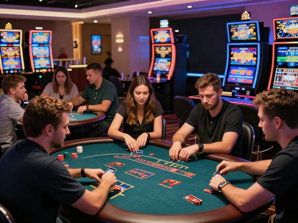 Exciting scene of players at online casinos that accept credit cards, enjoying various games in a vibrant atmosphere.