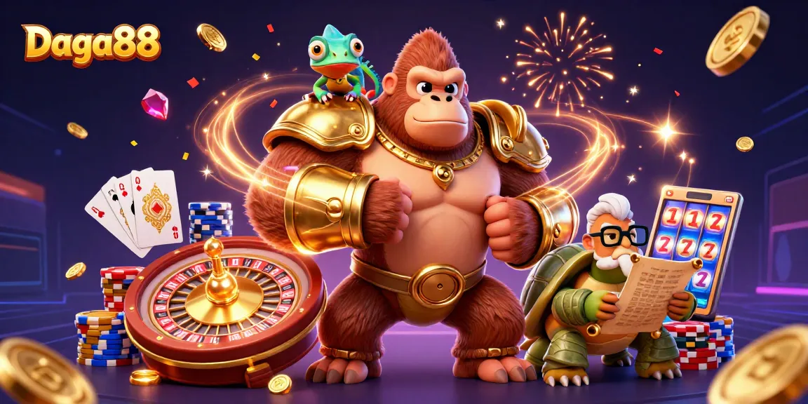 Daga88 casino illustration with a gorilla king, chameleon spy, and tortoise elder in a vibrant gaming scene.