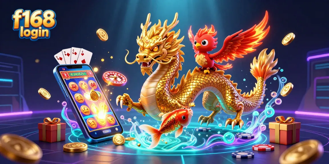 Experience the thrill of f168 login with a dynamic scene featuring a fierce dragon, phoenix, and koi fish amidst casino elements.